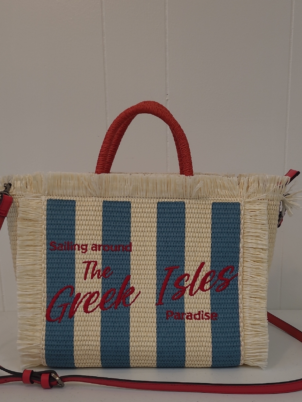 Patricia Nash Greek Isles Straw Tote w Blue Stripes & Red Accent+ CrossbodyStrap